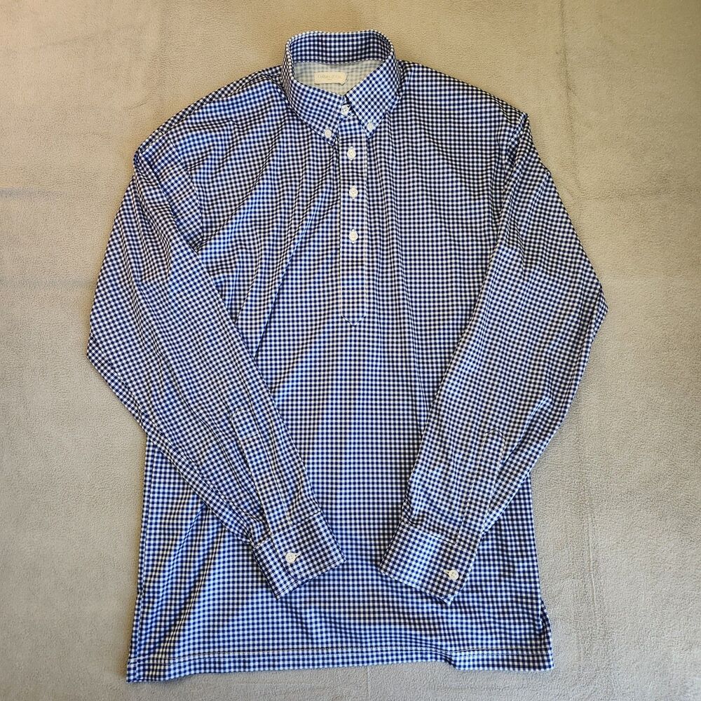 Collars & Co Dress Collar Polo‎ Shirt Men's L Blue Gingham Long Sleeve Stretch
